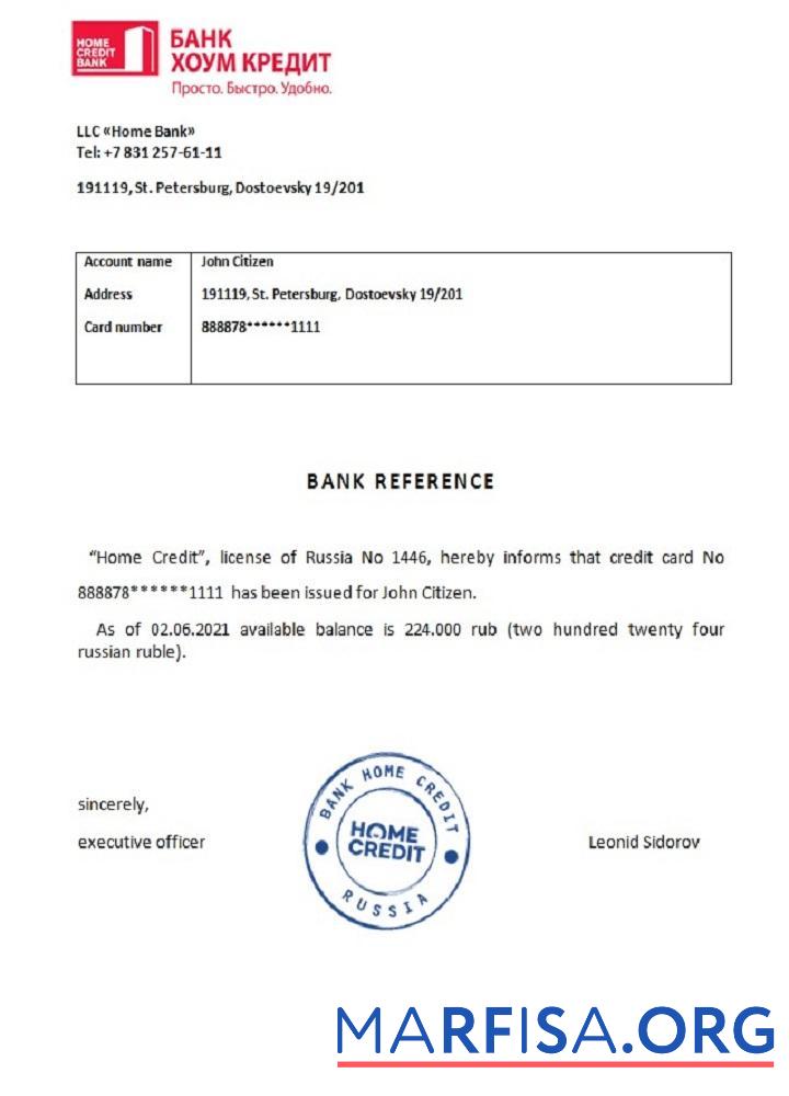 Realistic Russia Bank Home Credit reference download for verification